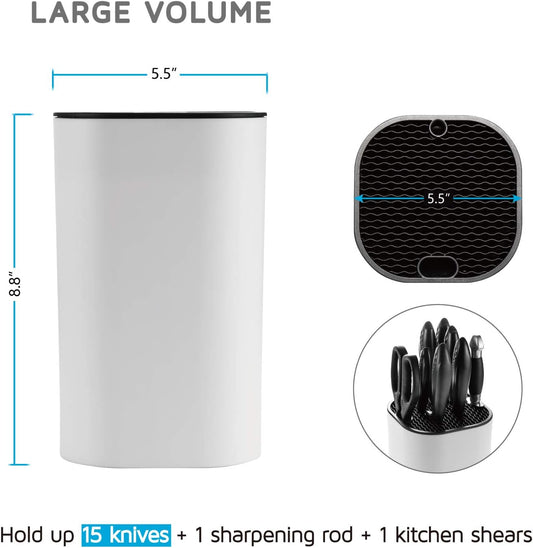 Universal Knife Block for Kitchen, Knife Holder without Knives, Safe Space Saver Large Volume Stable Knife Storage with Scissors and Sharpening Rod Slot, Detachable for Easy Cleaning - White