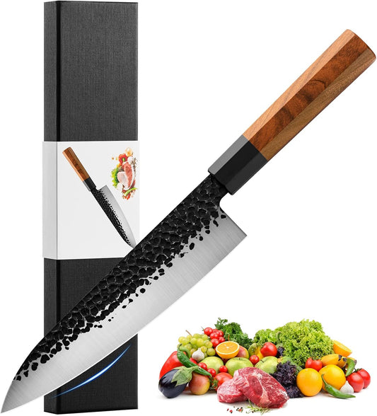 Japanese Chef Knife Gyuto Chef Knife - 8 Inch Professional Hand Forged Kitchen Knife High Carbon Japanese AUS-8 Stainless Steel Knife with Rosewood Handle & Gift Box