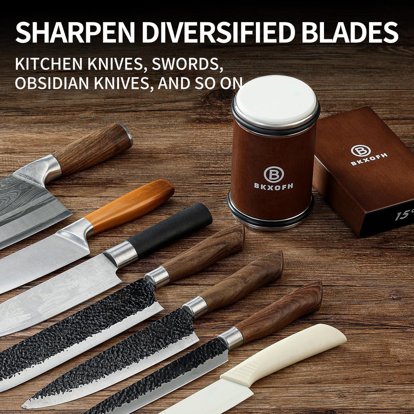 Rolling Knife Sharpener Kit, Knife Sharpening Kit, Kitchen Knives Sharpener Roller with Diamond and Ceramic for Steel of Chef Blade, Knives Sharpening Tool with 15 & 20 Degree Magnetic Angle, Walnut