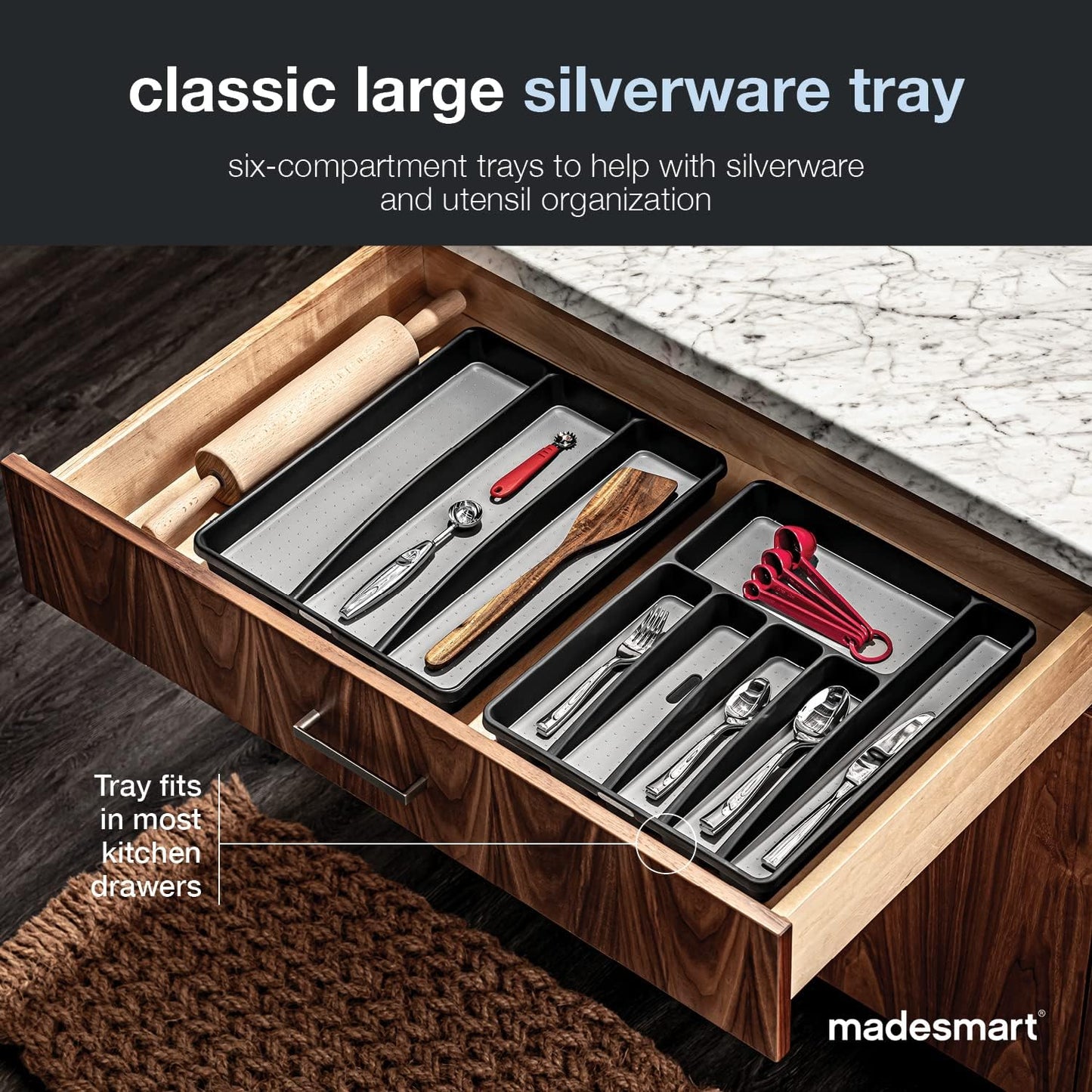 Premium Silverware Tray, 6 Compartment Flatware Organizer for Forks, Knives & Spoons, Non Slip, Soft Grip Lining, Durable Drawer Organizer, Black