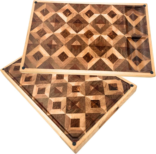 Walnut Oak Rosewood End Grain Cutting Board - 14x16 Large Wooden Butcher Block with Juice Grooves, Non-Slip Feet & Built-in Compartments - Reversible Board for Kitchen Decor & Charcuterie