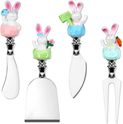 4 Pcs Easter Cheese Knives Set, Resin Handle with Stainless Steel Blade Spreader for Cheese Cream Jam Butter Charcuterie Board Tools