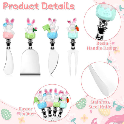 4 Pcs Easter Cheese Knives Set, Resin Handle with Stainless Steel Blade Spreader for Cheese Cream Jam Butter Charcuterie Board Tools