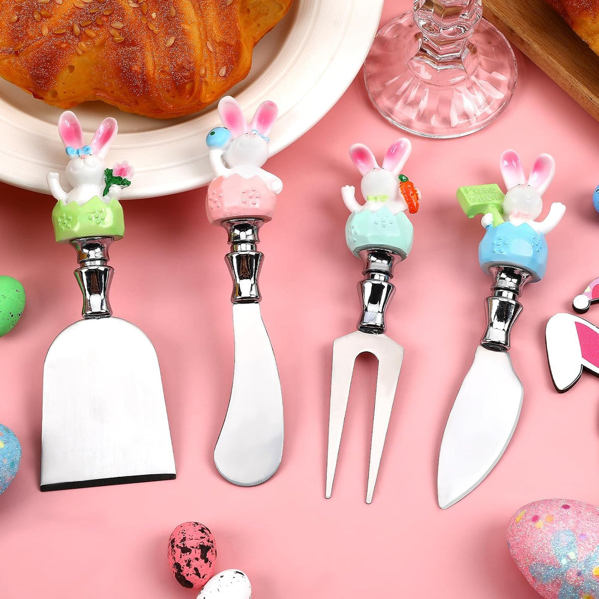 4 Pcs Easter Cheese Knives Set, Resin Handle with Stainless Steel Blade Spreader for Cheese Cream Jam Butter Charcuterie Board Tools