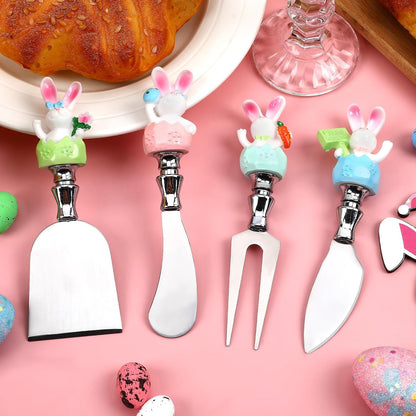 4 Pcs Easter Cheese Knives Set, Resin Handle with Stainless Steel Blade Spreader for Cheese Cream Jam Butter Charcuterie Board Tools