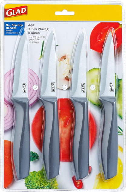Glad Paring Knife Set, Pack of 4 | Sharp Stainless Steel Blades with Non-Slip Handles | 3.5-Inch Kitchen Knives for Cutting Vegetables and Peeling Fruit,Gray
