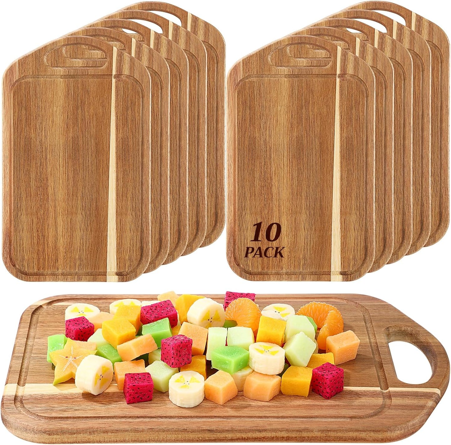 10 Pcs Charcuterie Boards Bulk Acacia Wood Cutting Board with Handle 13 x 7.8 in Bamboo Board Carving Tray Pizza Bread Fruit Vegetables for Kitchen Housewarming Party Supplies