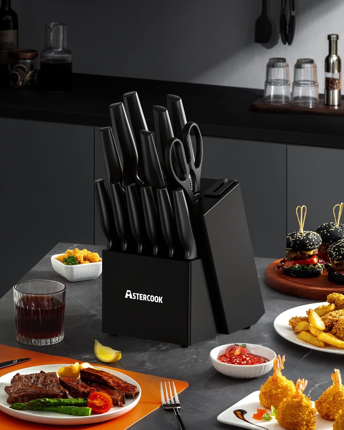 15 Pieces Kitchen Knife Block Set with Sharpener, Black