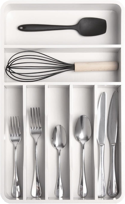 Silverware & Utensil Organizer, Fixed 10.5 in, White | Cutlery, flatware holder, rounded corners, 7 compartments, non-slip feet, kitchen drawers