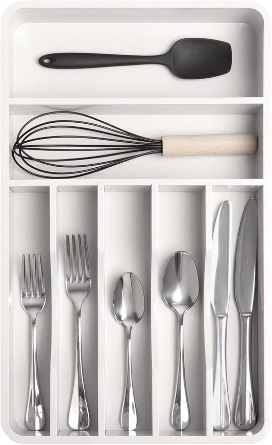 Silverware & Utensil Organizer, Fixed 10.5 in, White | Cutlery, flatware holder, rounded corners, 7 compartments, non-slip feet, kitchen drawers