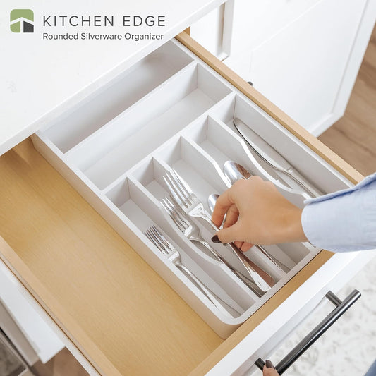 Silverware & Utensil Organizer, Fixed 10.5 in, White | Cutlery, flatware holder, rounded corners, 7 compartments, non-slip feet, kitchen drawers