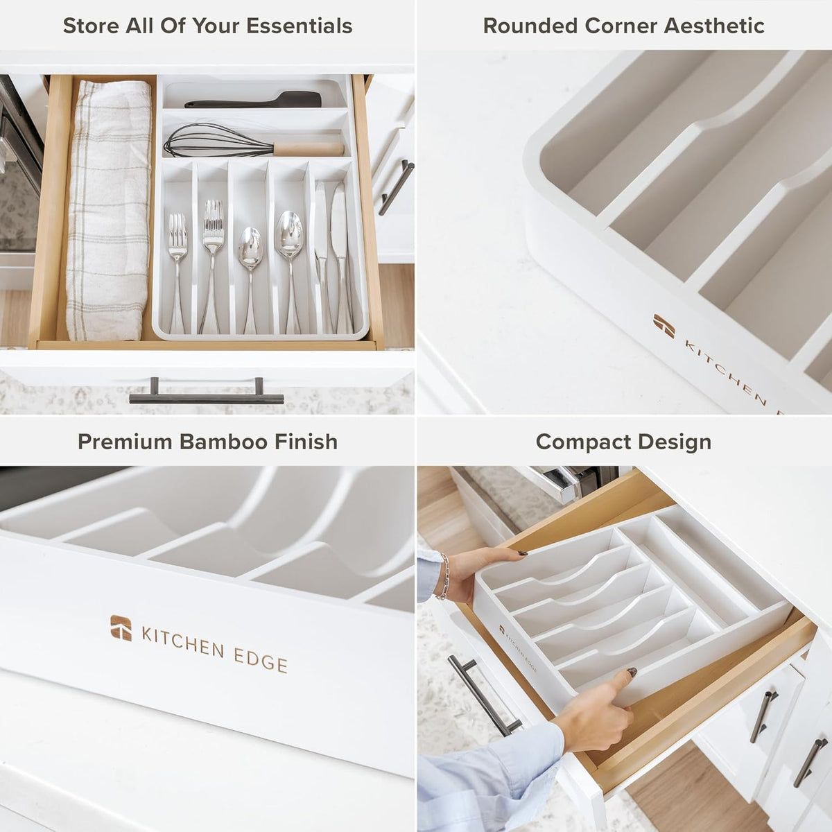 Silverware & Utensil Organizer, Fixed 10.5 in, White | Cutlery, flatware holder, rounded corners, 7 compartments, non-slip feet, kitchen drawers