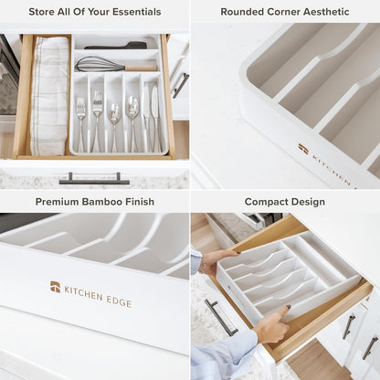 Silverware & Utensil Organizer, Fixed 10.5 in, White | Cutlery, flatware holder, rounded corners, 7 compartments, non-slip feet, kitchen drawers