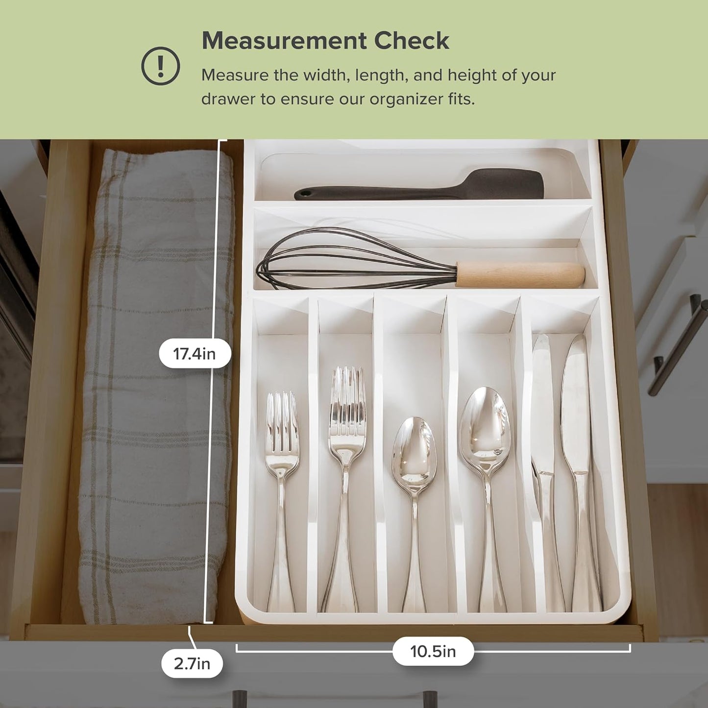 Silverware & Utensil Organizer, Fixed 10.5 in, White | Cutlery, flatware holder, rounded corners, 7 compartments, non-slip feet, kitchen drawers