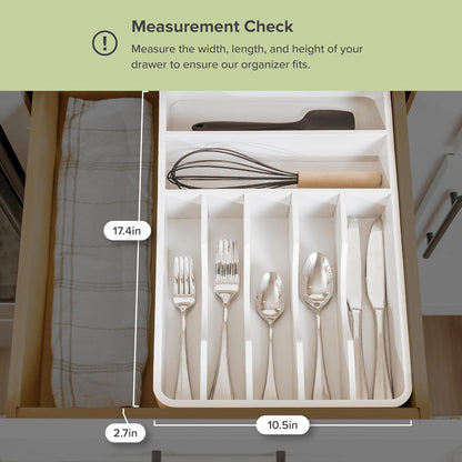 Silverware & Utensil Organizer, Fixed 10.5 in, White | Cutlery, flatware holder, rounded corners, 7 compartments, non-slip feet, kitchen drawers