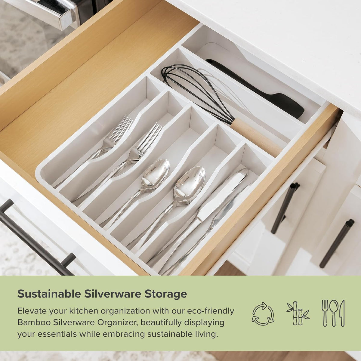 Silverware & Utensil Organizer, Fixed 10.5 in, White | Cutlery, flatware holder, rounded corners, 7 compartments, non-slip feet, kitchen drawers