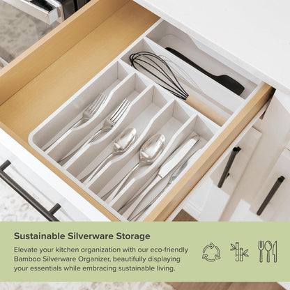 Silverware & Utensil Organizer, Fixed 10.5 in, White | Cutlery, flatware holder, rounded corners, 7 compartments, non-slip feet, kitchen drawers