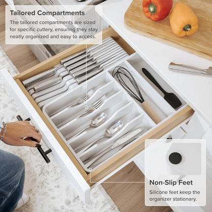 Silverware & Utensil Organizer, Fixed 10.5 in, White | Cutlery, flatware holder, rounded corners, 7 compartments, non-slip feet, kitchen drawers