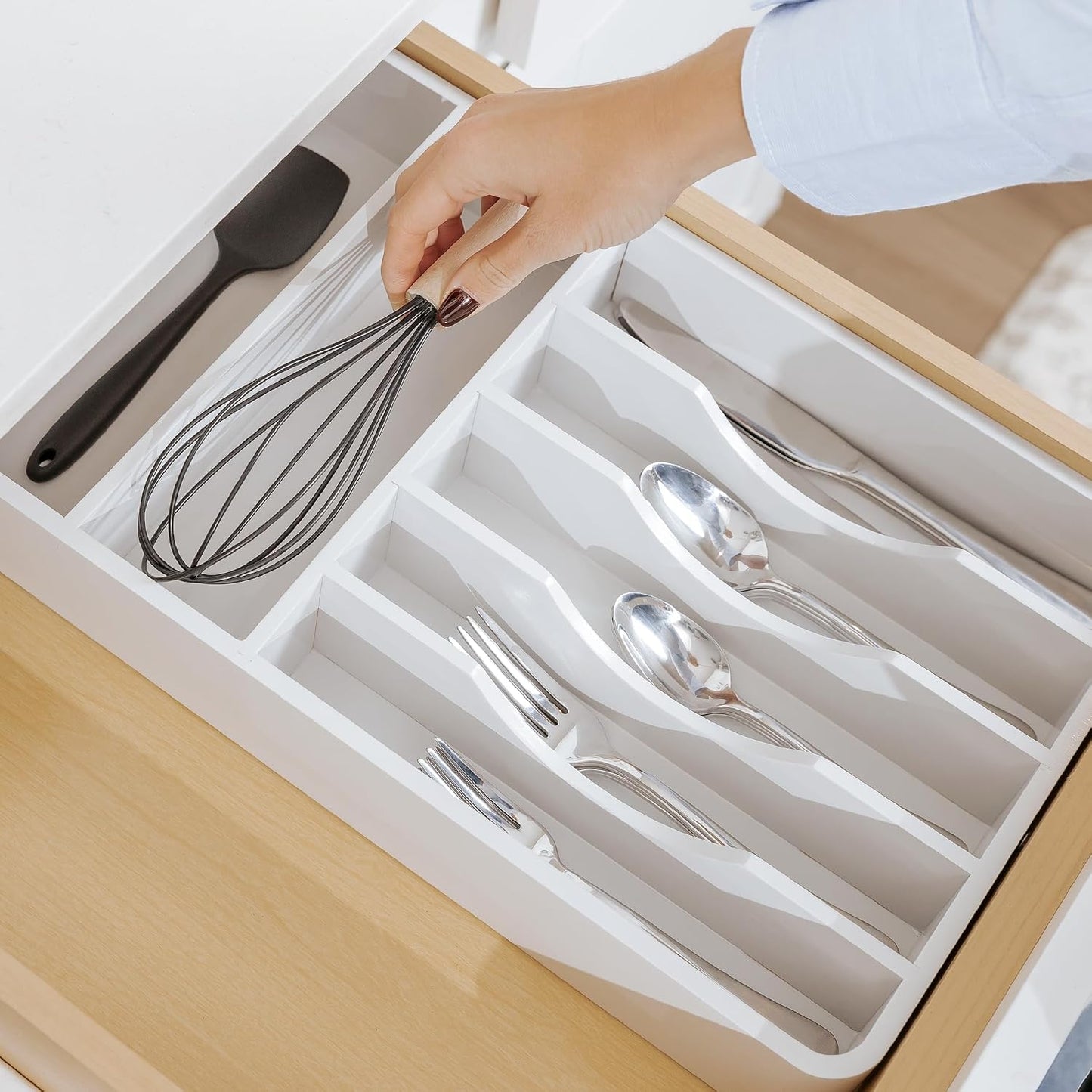 Silverware & Utensil Organizer, Fixed 10.5 in, White | Cutlery, flatware holder, rounded corners, 7 compartments, non-slip feet, kitchen drawers