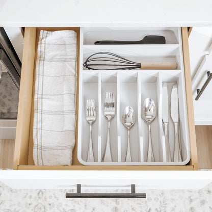 Silverware & Utensil Organizer, Fixed 10.5 in, White | Cutlery, flatware holder, rounded corners, 7 compartments, non-slip feet, kitchen drawers