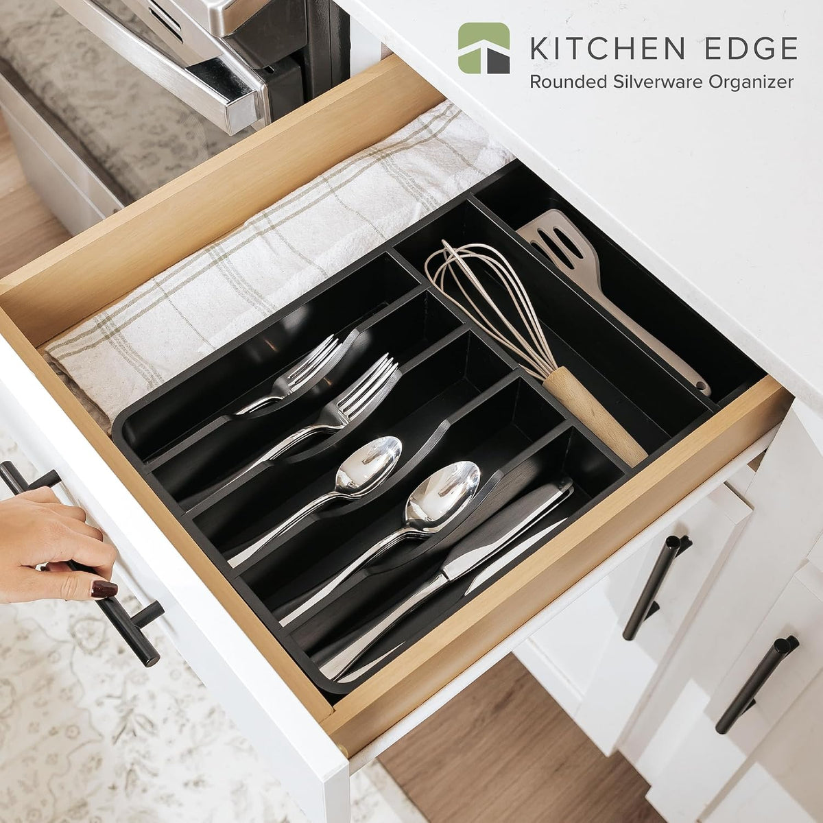 Silverware & Utensil Organizer, Fixed 10.5 in, White | Cutlery, flatware holder, rounded corners, 7 compartments, non-slip feet, kitchen drawers
