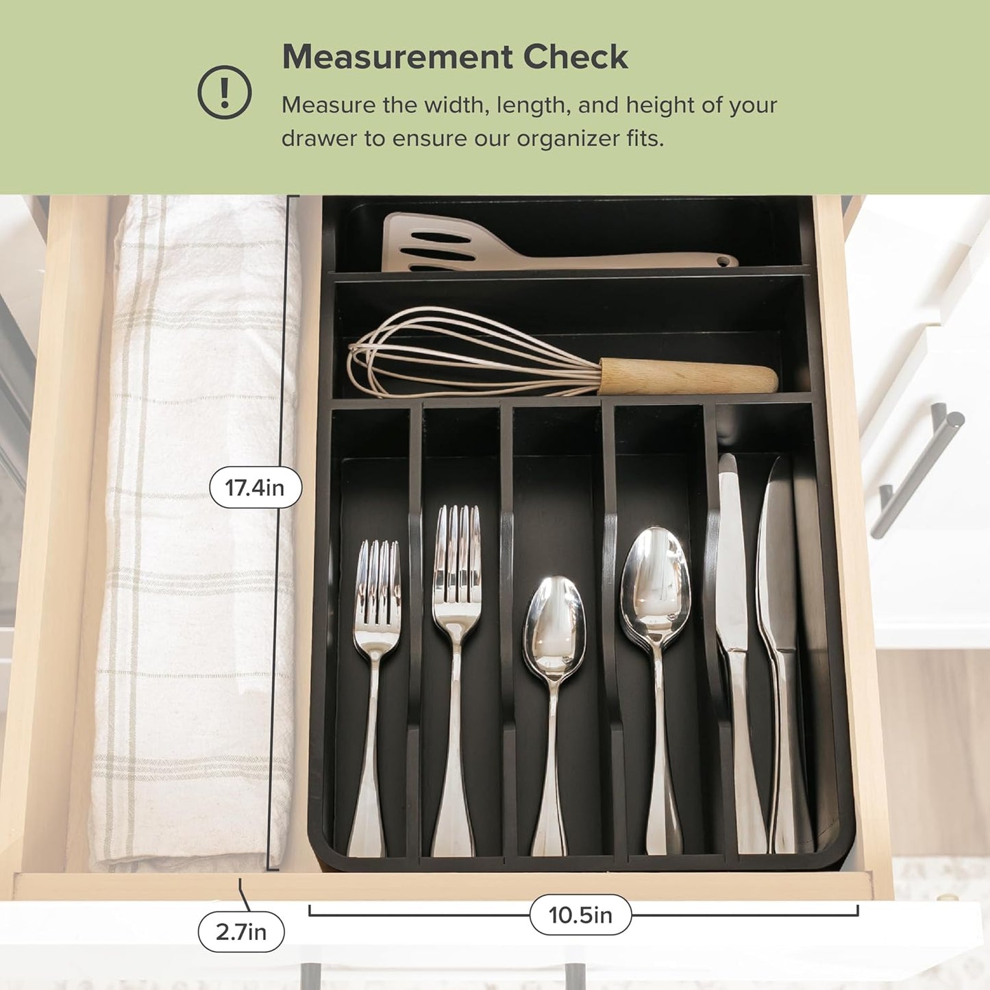 Silverware & Utensil Organizer, Fixed 10.5 in, White | Cutlery, flatware holder, rounded corners, 7 compartments, non-slip feet, kitchen drawers