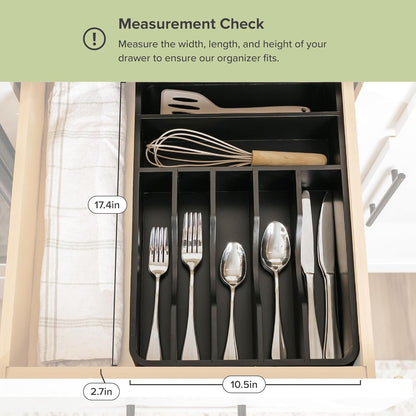 Silverware & Utensil Organizer, Fixed 10.5 in, White | Cutlery, flatware holder, rounded corners, 7 compartments, non-slip feet, kitchen drawers