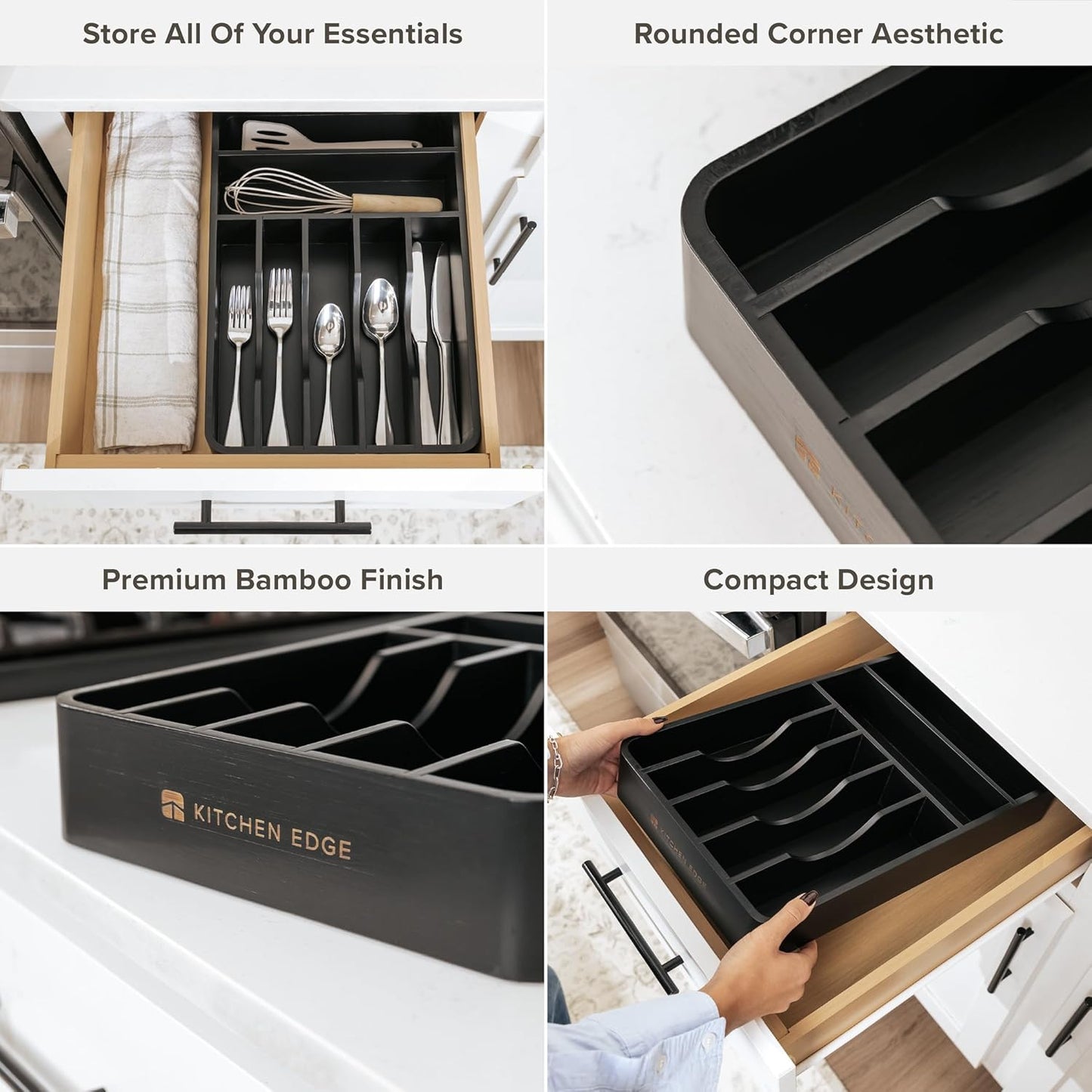 Silverware & Utensil Organizer, Fixed 10.5 in, White | Cutlery, flatware holder, rounded corners, 7 compartments, non-slip feet, kitchen drawers