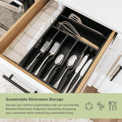 Silverware & Utensil Organizer, Fixed 10.5 in, White | Cutlery, flatware holder, rounded corners, 7 compartments, non-slip feet, kitchen drawers