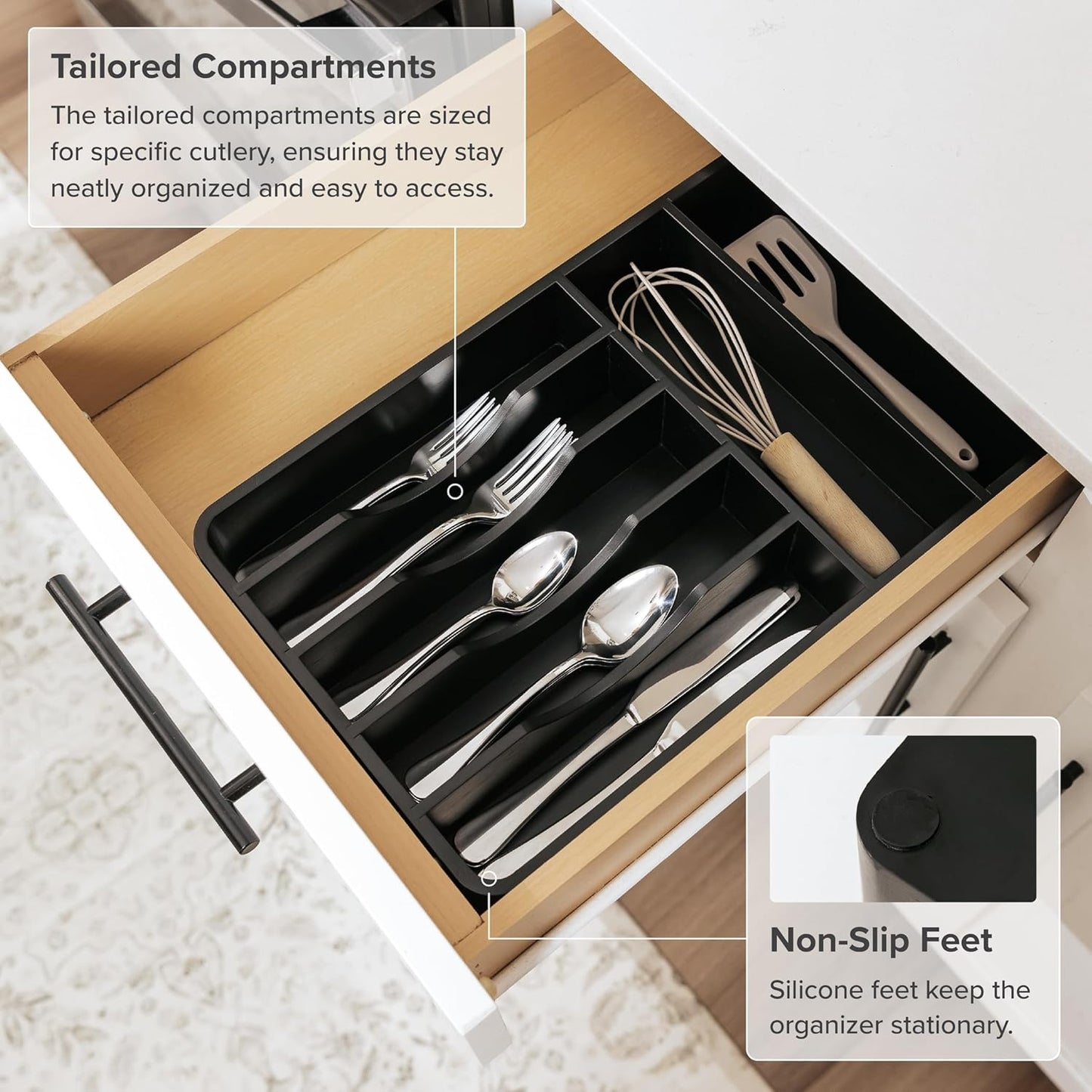 Silverware & Utensil Organizer, Fixed 10.5 in, White | Cutlery, flatware holder, rounded corners, 7 compartments, non-slip feet, kitchen drawers