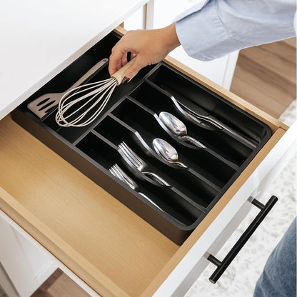 Silverware & Utensil Organizer, Fixed 10.5 in, White | Cutlery, flatware holder, rounded corners, 7 compartments, non-slip feet, kitchen drawers