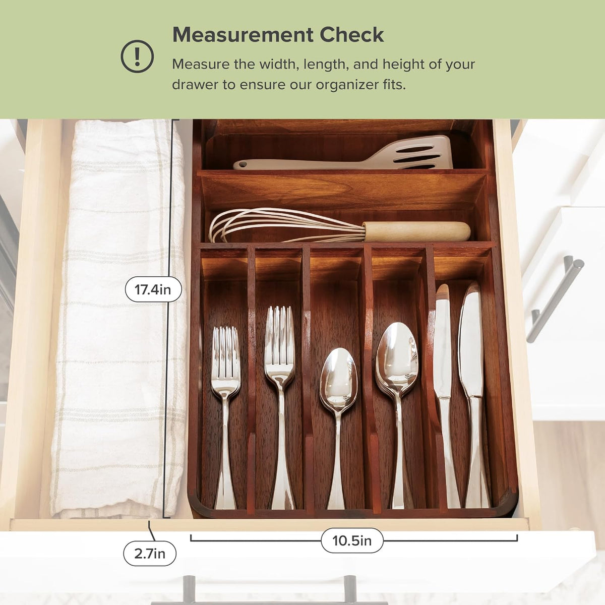 Silverware & Utensil Organizer, Fixed 10.5 in, White | Cutlery, flatware holder, rounded corners, 7 compartments, non-slip feet, kitchen drawers