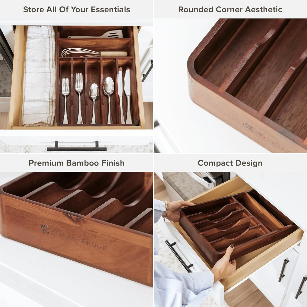 Silverware & Utensil Organizer, Fixed 10.5 in, White | Cutlery, flatware holder, rounded corners, 7 compartments, non-slip feet, kitchen drawers