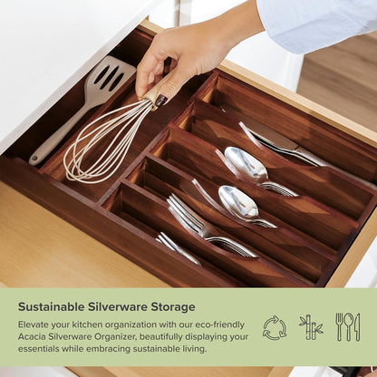 Silverware & Utensil Organizer, Fixed 10.5 in, White | Cutlery, flatware holder, rounded corners, 7 compartments, non-slip feet, kitchen drawers