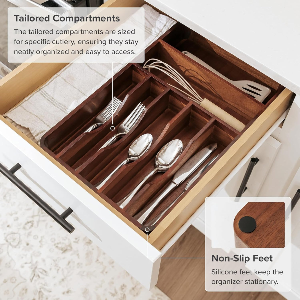 Silverware & Utensil Organizer, Fixed 10.5 in, White | Cutlery, flatware holder, rounded corners, 7 compartments, non-slip feet, kitchen drawers