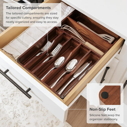 Silverware & Utensil Organizer, Fixed 10.5 in, White | Cutlery, flatware holder, rounded corners, 7 compartments, non-slip feet, kitchen drawers