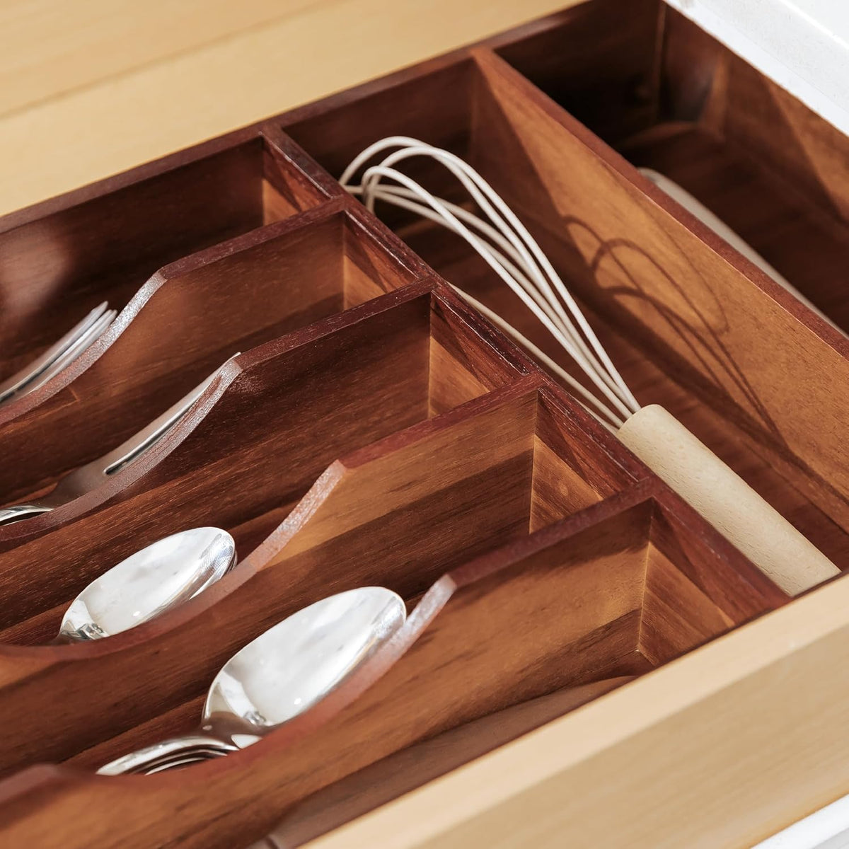 Silverware & Utensil Organizer, Fixed 10.5 in, White | Cutlery, flatware holder, rounded corners, 7 compartments, non-slip feet, kitchen drawers