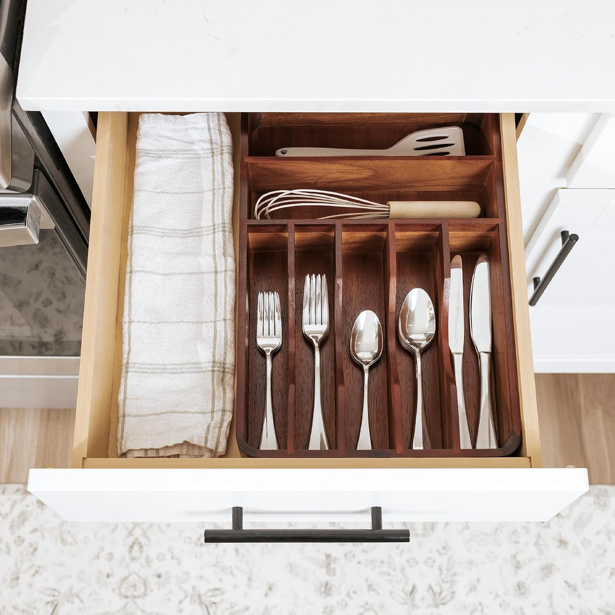 Silverware & Utensil Organizer, Fixed 10.5 in, White | Cutlery, flatware holder, rounded corners, 7 compartments, non-slip feet, kitchen drawers