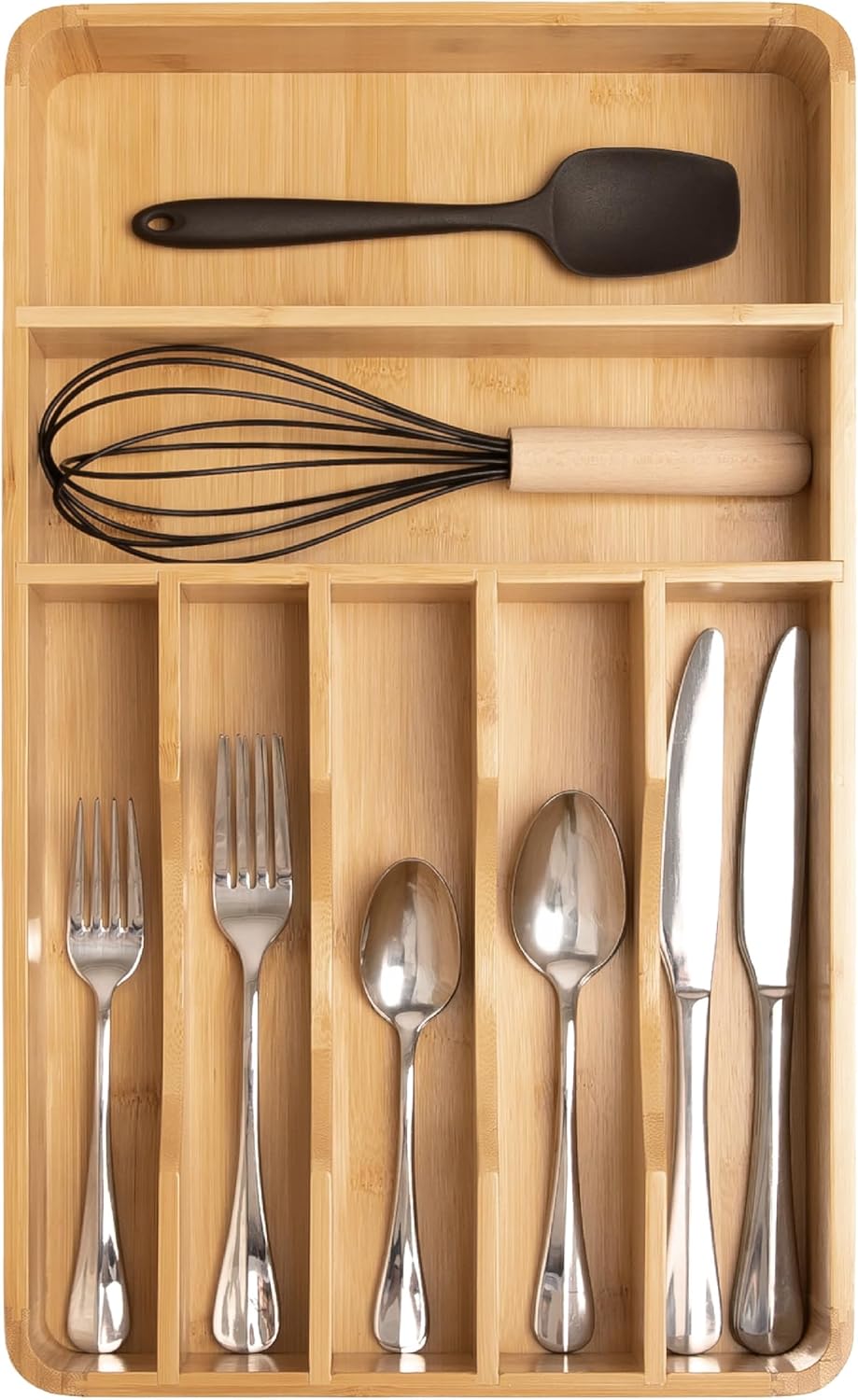 Silverware & Utensil Organizer, Fixed 10.5 in, White | Cutlery, flatware holder, rounded corners, 7 compartments, non-slip feet, kitchen drawers