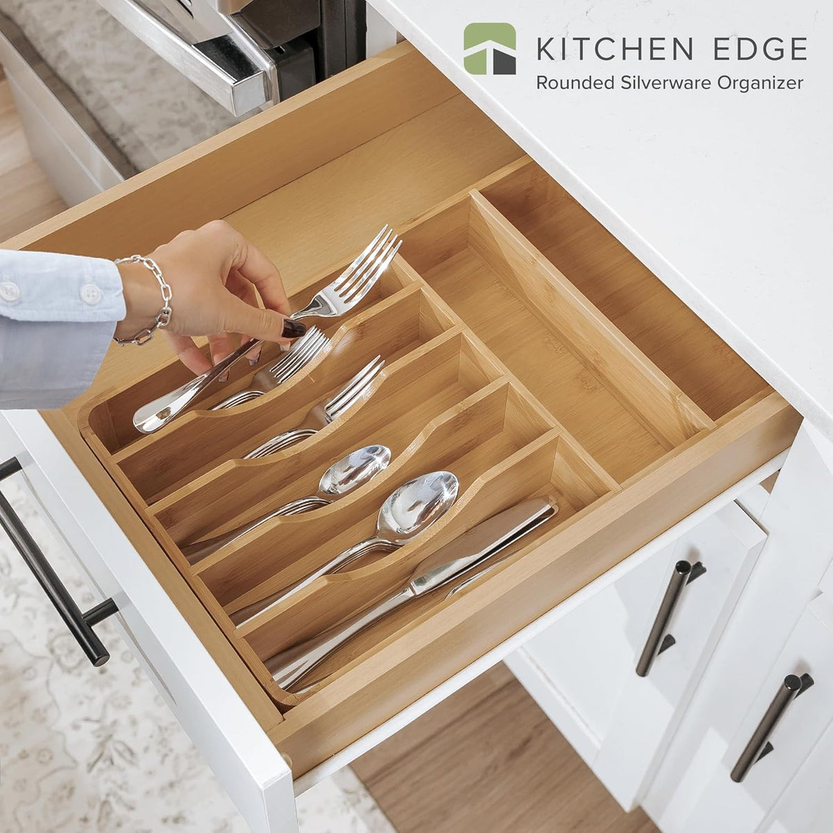 Silverware & Utensil Organizer, Fixed 10.5 in, White | Cutlery, flatware holder, rounded corners, 7 compartments, non-slip feet, kitchen drawers