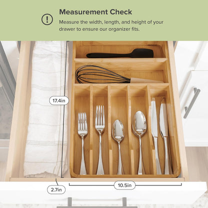 Silverware & Utensil Organizer, Fixed 10.5 in, White | Cutlery, flatware holder, rounded corners, 7 compartments, non-slip feet, kitchen drawers