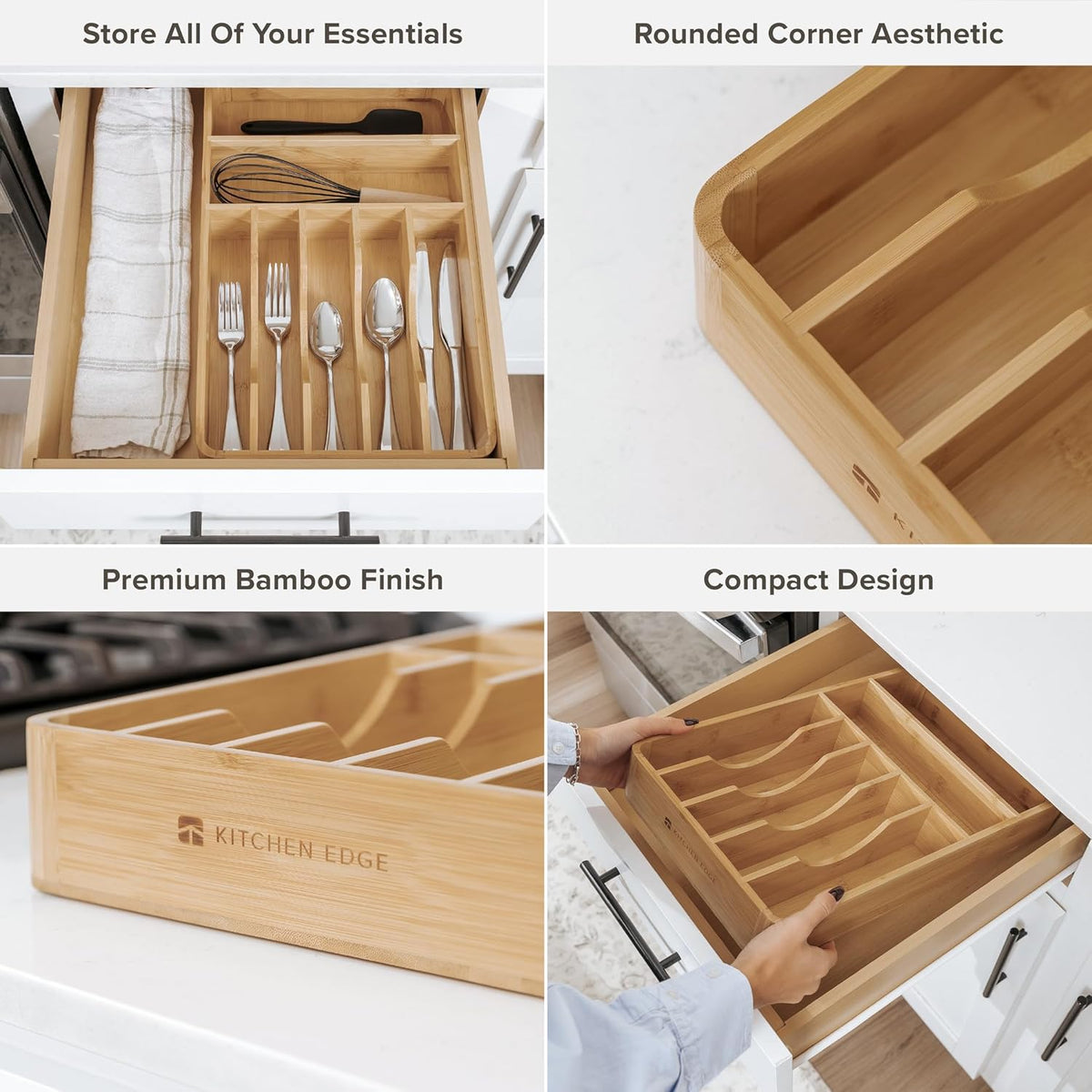 Silverware & Utensil Organizer, Fixed 10.5 in, White | Cutlery, flatware holder, rounded corners, 7 compartments, non-slip feet, kitchen drawers