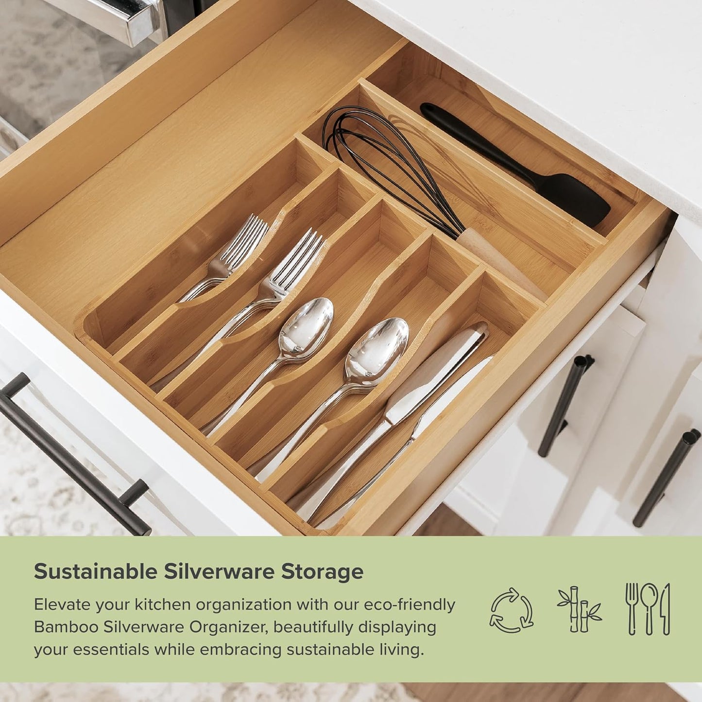 Silverware & Utensil Organizer, Fixed 10.5 in, White | Cutlery, flatware holder, rounded corners, 7 compartments, non-slip feet, kitchen drawers
