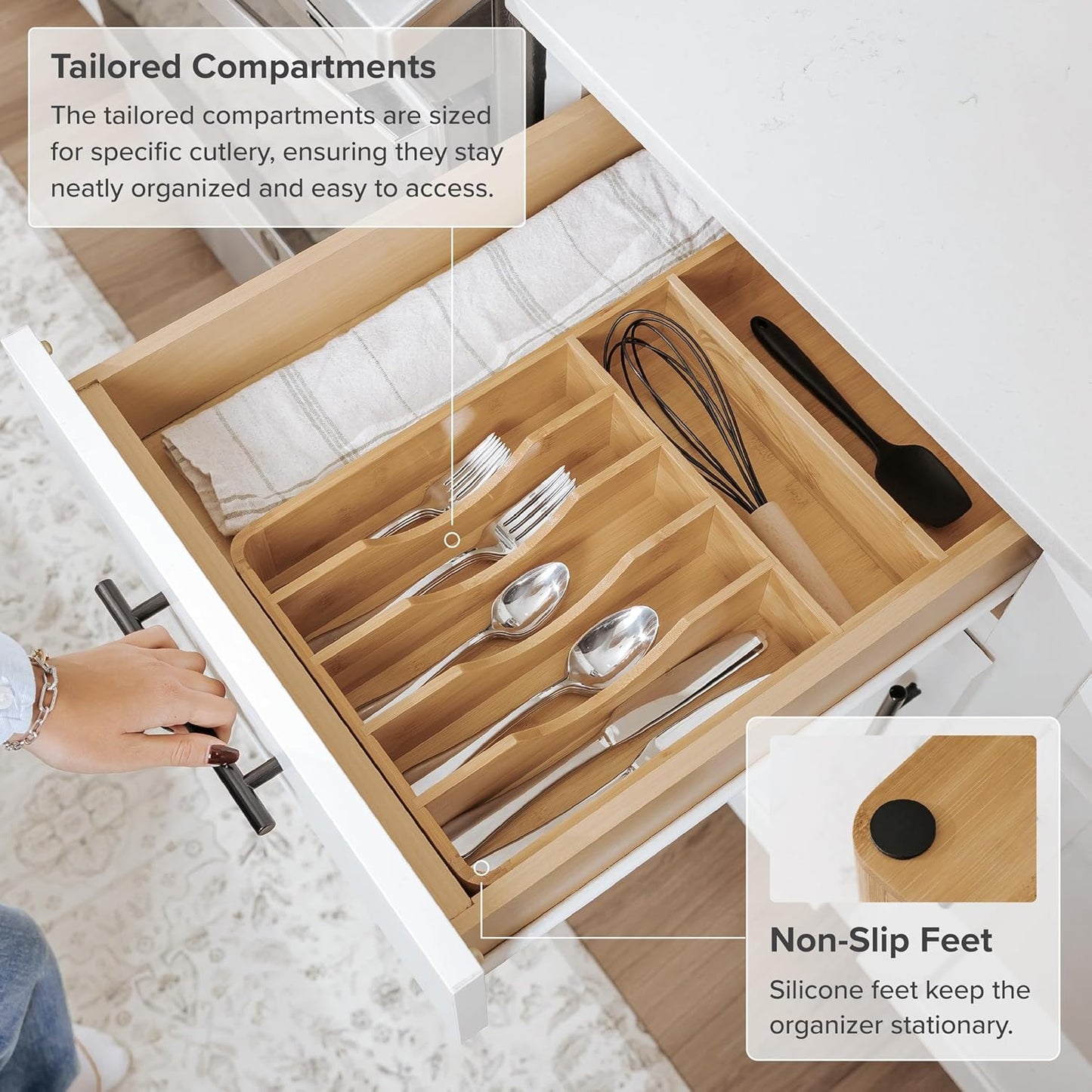 Silverware & Utensil Organizer, Fixed 10.5 in, White | Cutlery, flatware holder, rounded corners, 7 compartments, non-slip feet, kitchen drawers