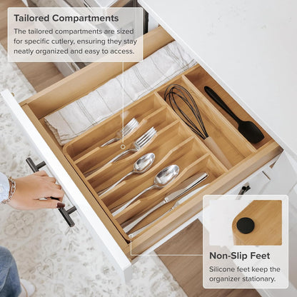 Silverware & Utensil Organizer, Fixed 10.5 in, White | Cutlery, flatware holder, rounded corners, 7 compartments, non-slip feet, kitchen drawers