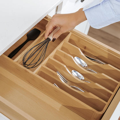 Silverware & Utensil Organizer, Fixed 10.5 in, White | Cutlery, flatware holder, rounded corners, 7 compartments, non-slip feet, kitchen drawers