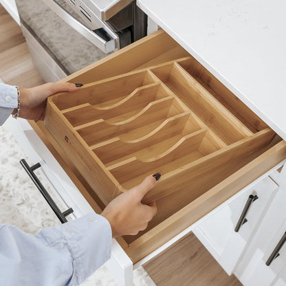 Silverware & Utensil Organizer, Fixed 10.5 in, White | Cutlery, flatware holder, rounded corners, 7 compartments, non-slip feet, kitchen drawers