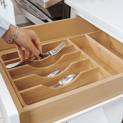 Silverware & Utensil Organizer, Fixed 10.5 in, White | Cutlery, flatware holder, rounded corners, 7 compartments, non-slip feet, kitchen drawers