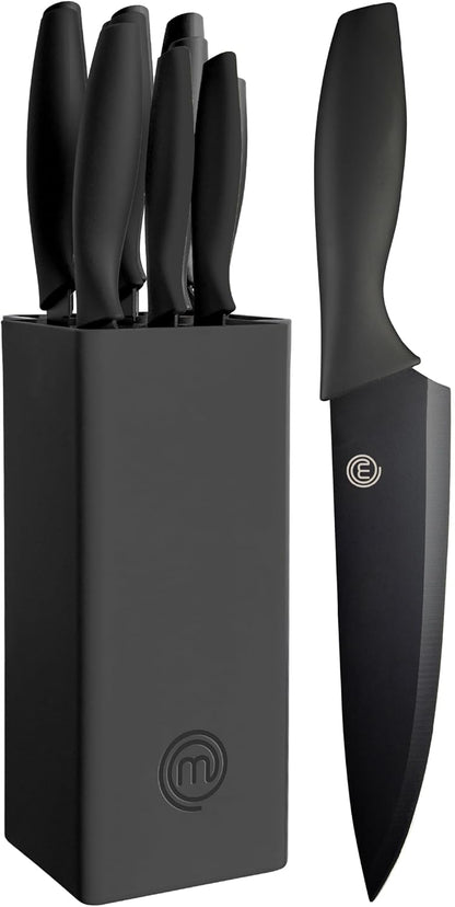 Knife Set with Block, 7pc Kitchen Knives Set with Holder, Black