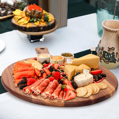 Acacia Wood Cutting Board with Handle Wooden Chopping Board Round Cutting Boards for Kitchen Decor Large Charcuterie Board Tray Teak Meat Cheese Board Bread Serving Platter Butcher Block Pizza Board